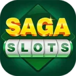 Saga slots app logo in green background with yellow and green text